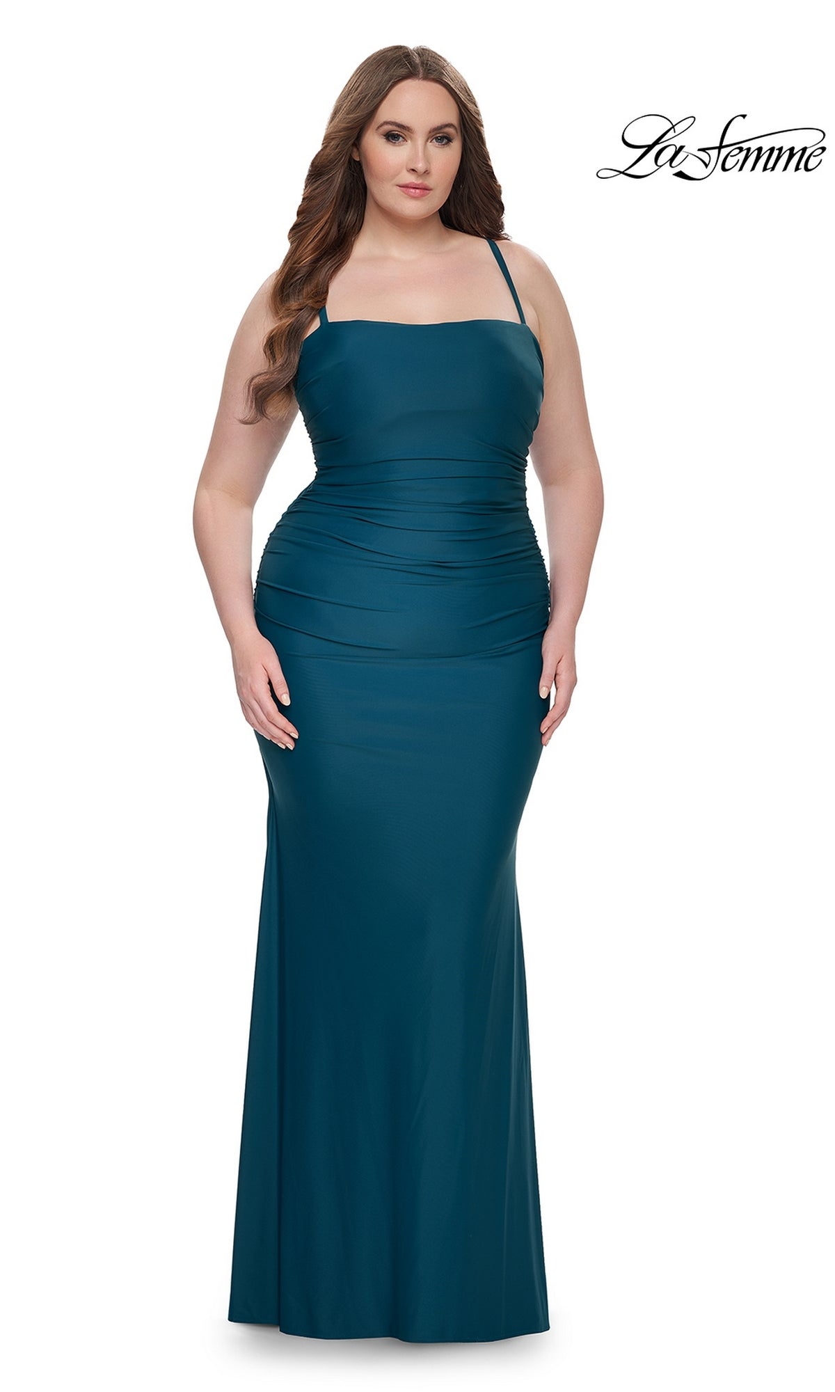 La Femme Plus-Size Lace-Up Long Prom Dress 32195