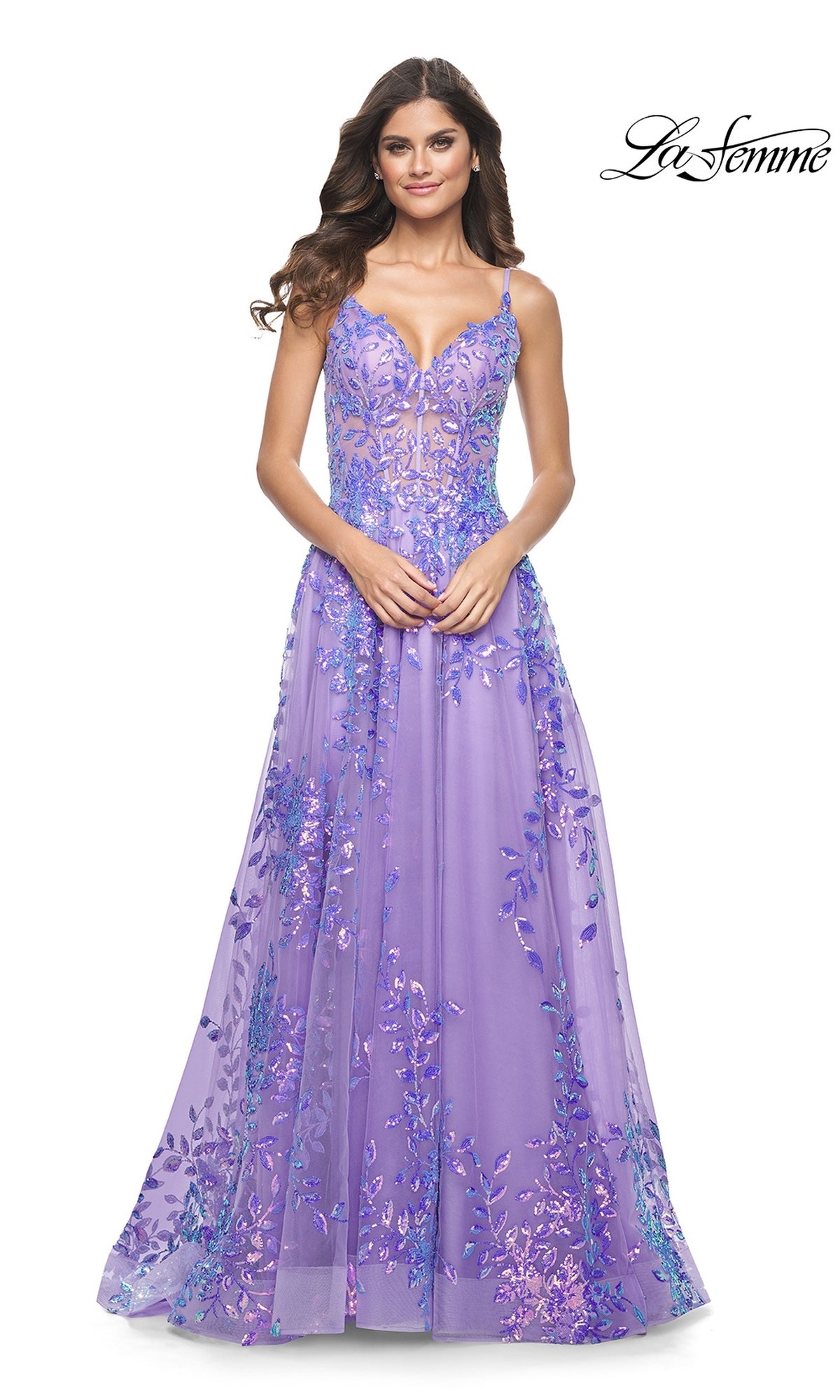 La Femme Sequin-Print Long A-Line Prom Dress 32223