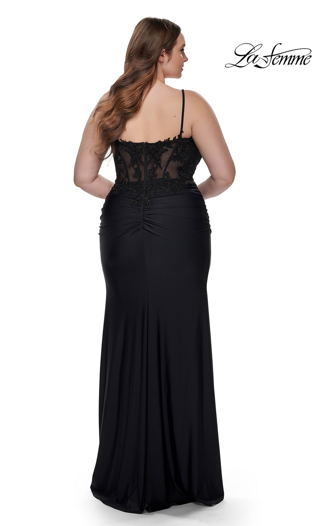 Sheer Lace-Bodice Plus-Size Long Black Prom Dress