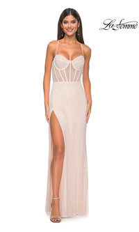 La Femme Sheer Bustier Long Prom Dress 32227