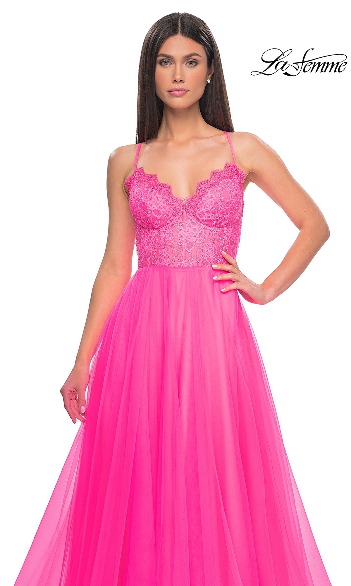 La Femme Lace-Bodice Long A-Line Prom Dress 32306