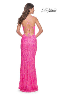 La Femme Neon Pink Long Sequin Prom Dress 32332