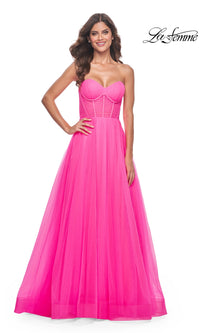 La Femme Long Pink Corset A-Line Prom Dress 32341