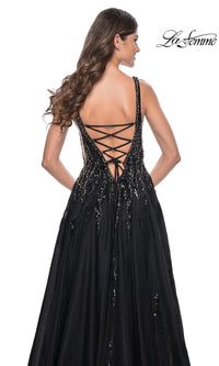 La Femme Deep V-Neck Long Black Prom Dress 32345