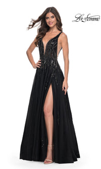 La Femme Deep V-Neck Long Black Prom Dress 32345