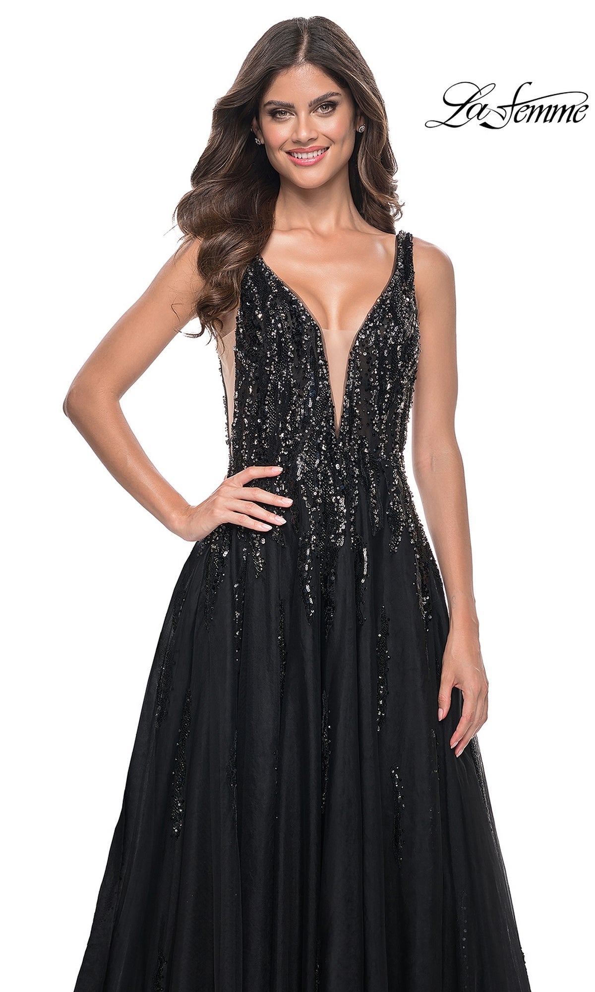 La Femme Deep V-Neck Long Black Prom Dress 32345