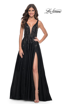 La Femme Deep V-Neck Long Black Prom Dress 32345