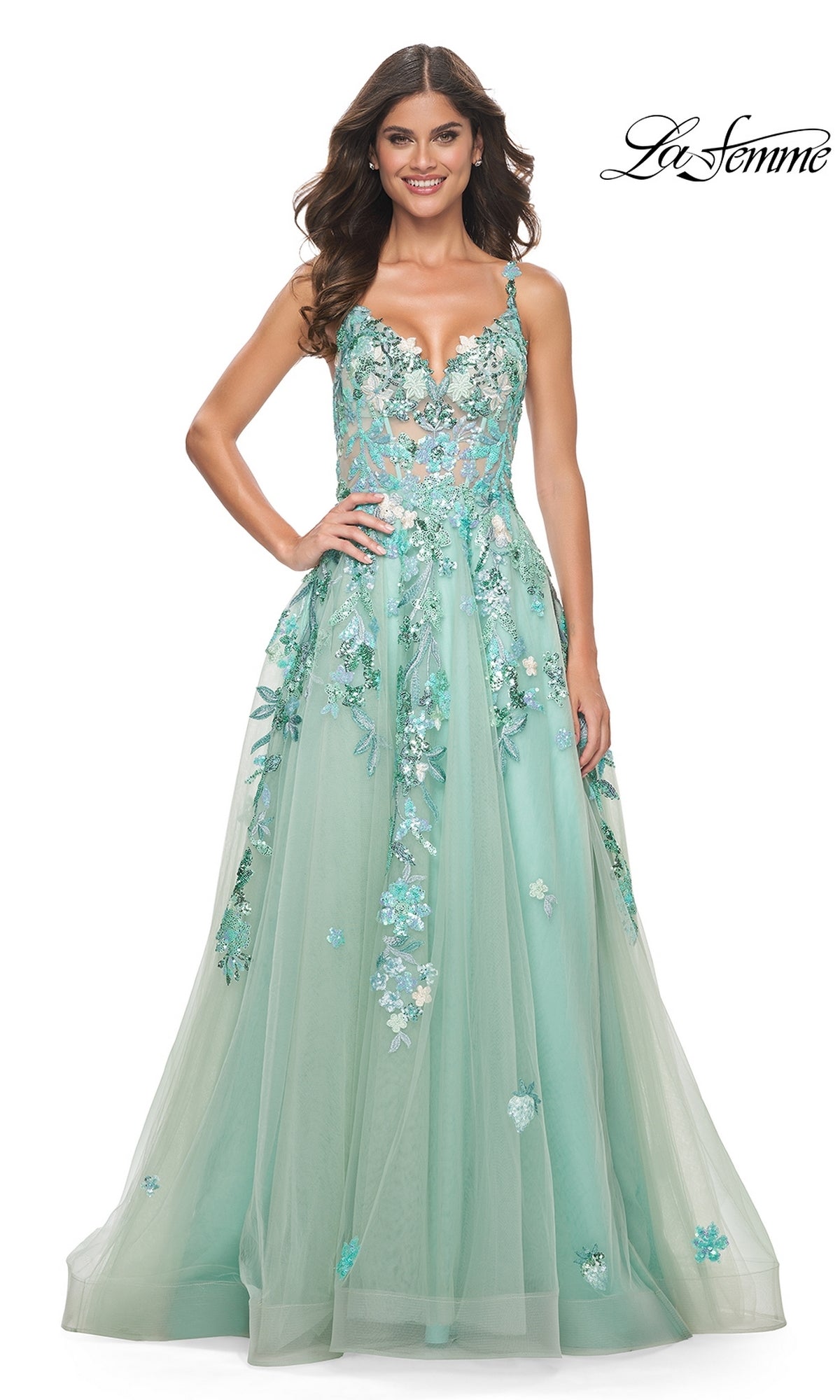 La Femme Sequin-Print Long Green Prom Dress 32347