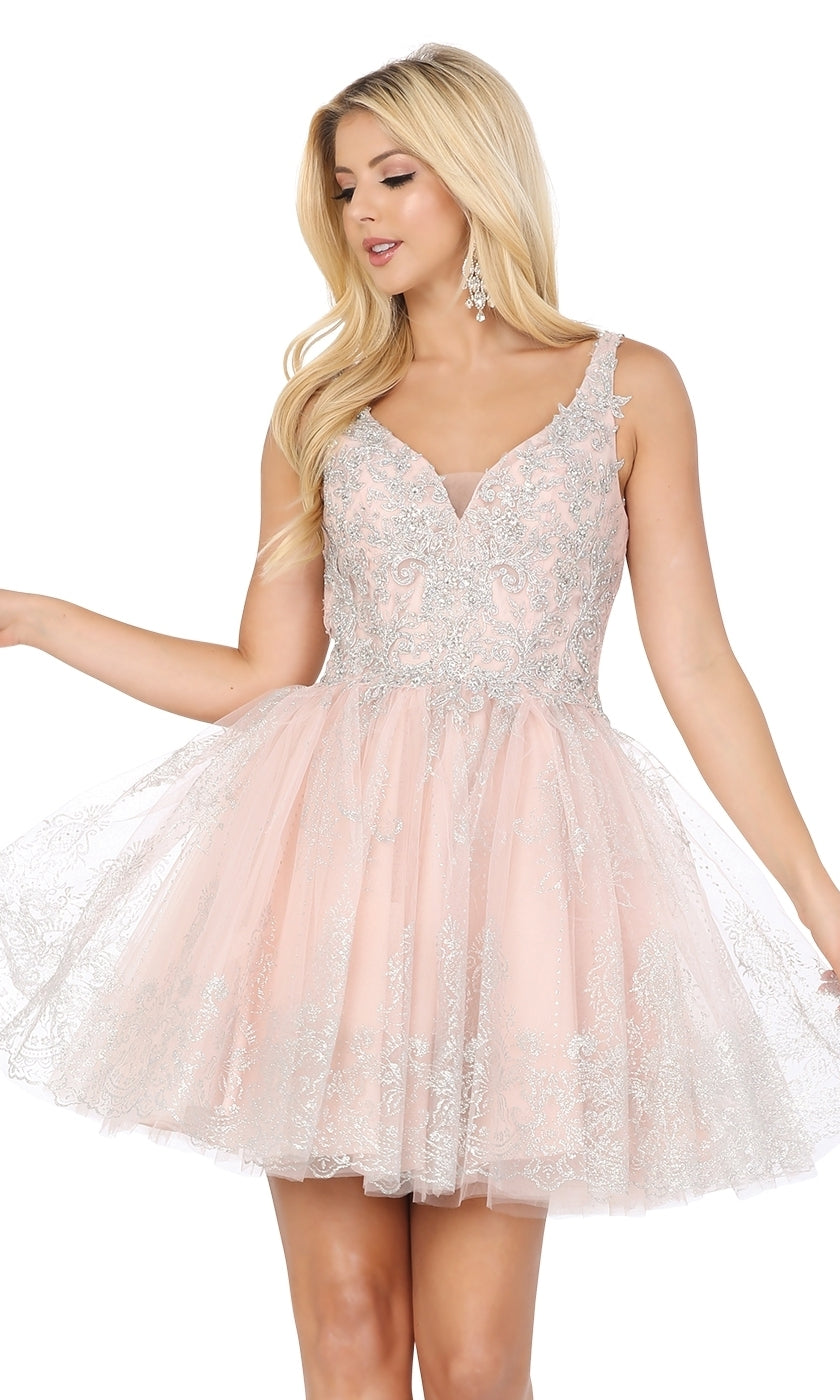 Short Babydoll Homecoming Dress with Silver Beads