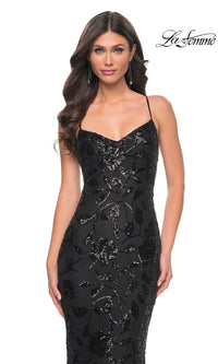 La Femme Long Black Sequin-Print Prom Dress 32415