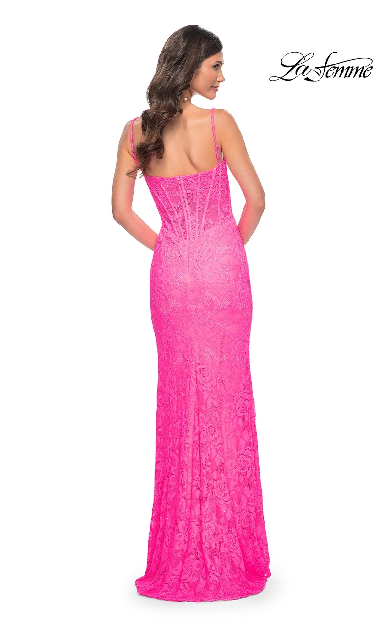 La Femme Neon Pink Long Lace Prom Dress 32423