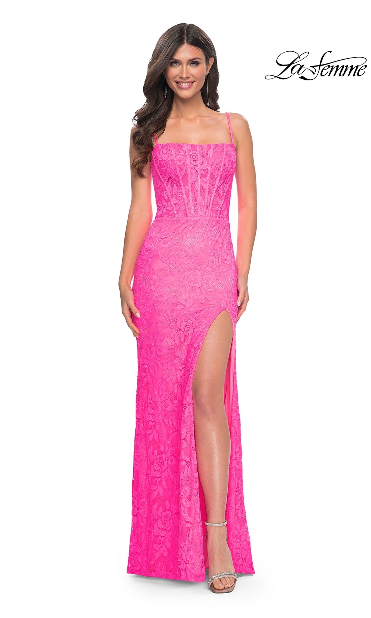 La Femme Neon Pink Long Lace Prom Dress 32423