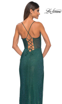 Sheer-Bodice Long La Femme Fishnet Prom Gown 32446