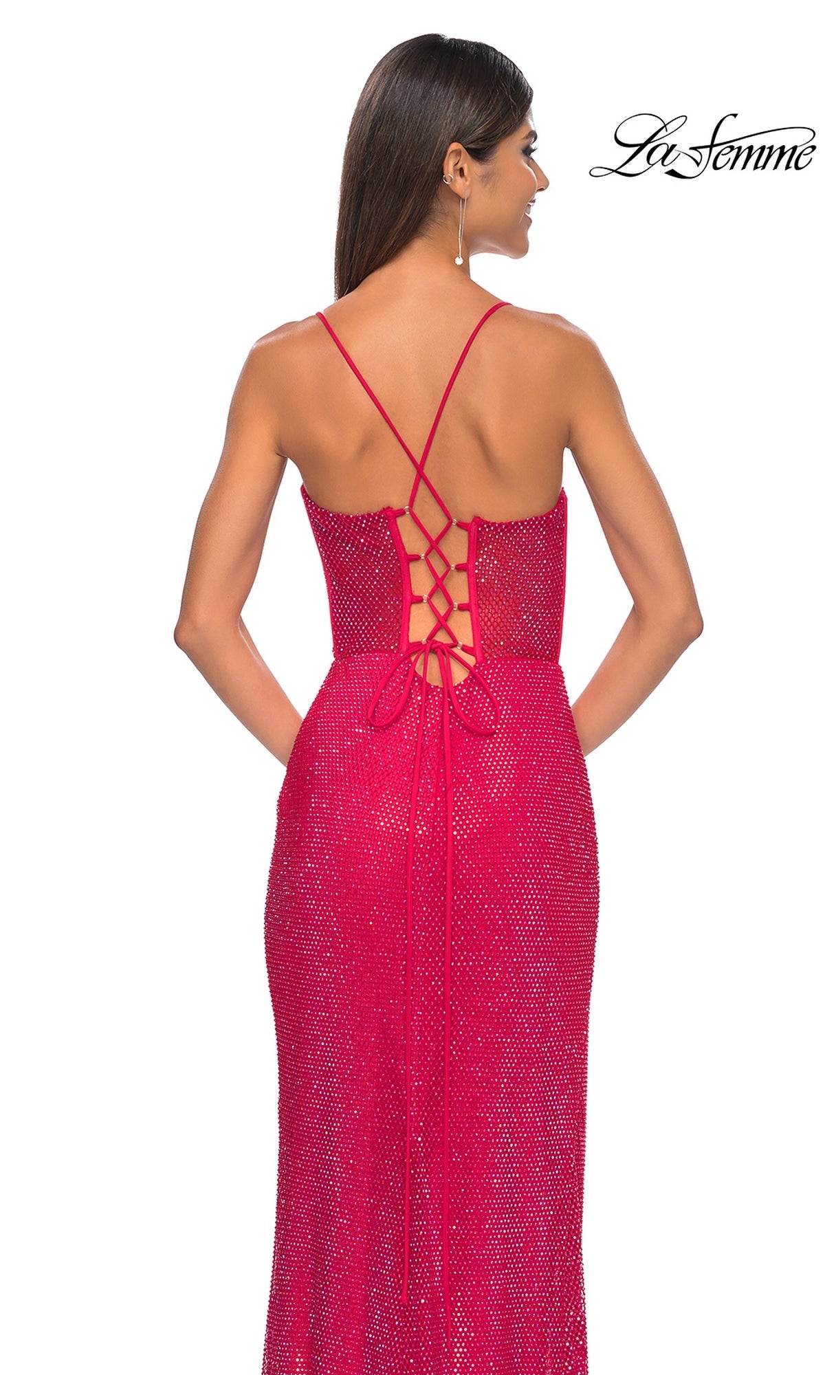 Sheer-Bodice Long La Femme Fishnet Prom Gown 32446