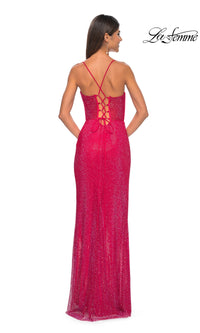 Sheer-Bodice Long La Femme Fishnet Prom Gown 32446