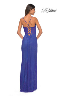 Sheer-Bodice Long La Femme Fishnet Prom Gown 32446