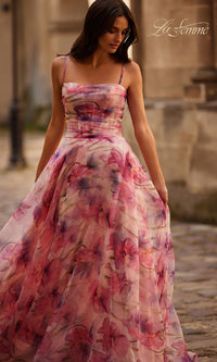 Pink Floral-Print Corset Prom Dress: La Femme 32686