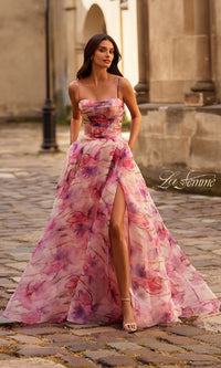 Pink Floral-Print Corset Prom Dress: La Femme 32686