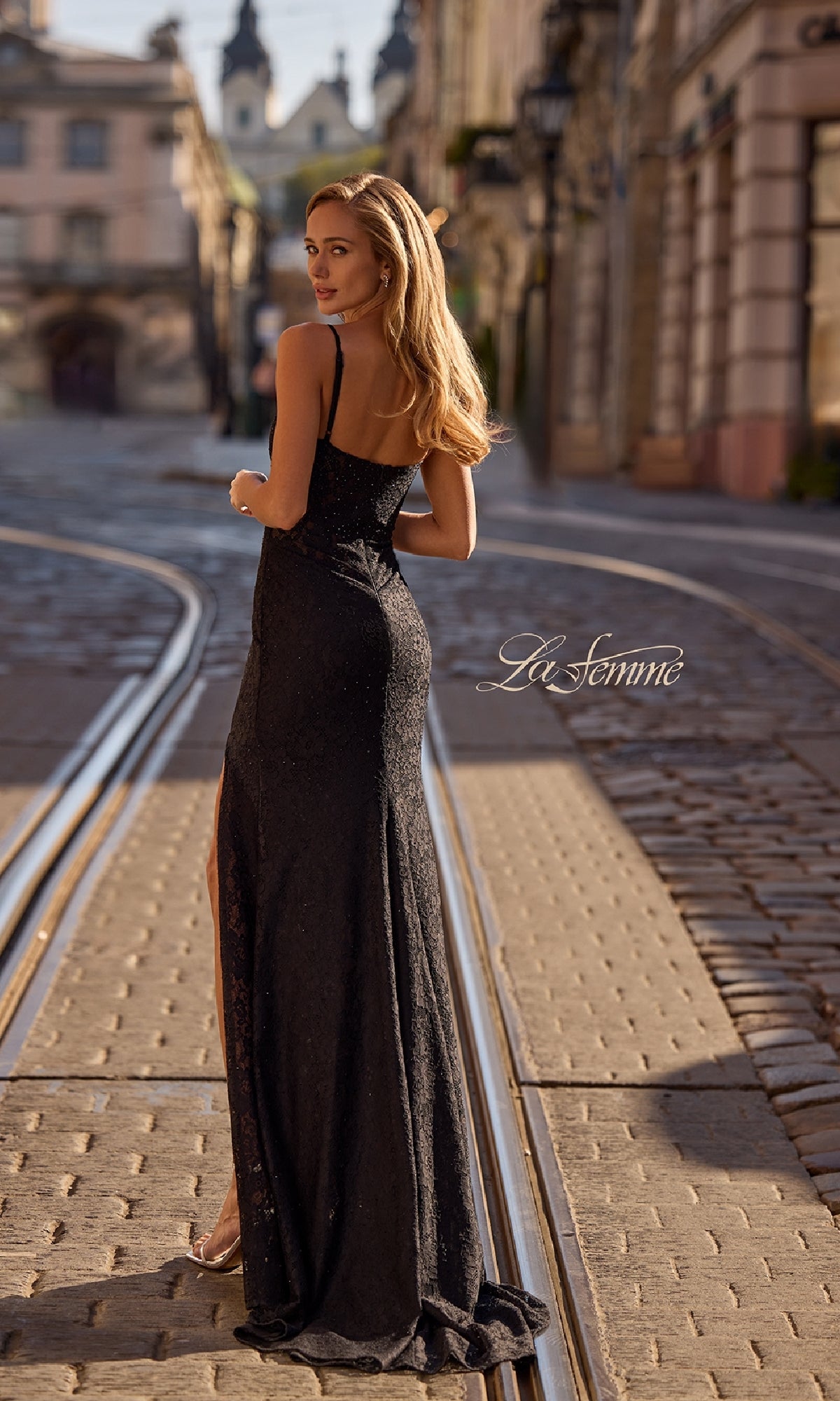 Long Beaded-Lace Prom Dress; La Femme 32933