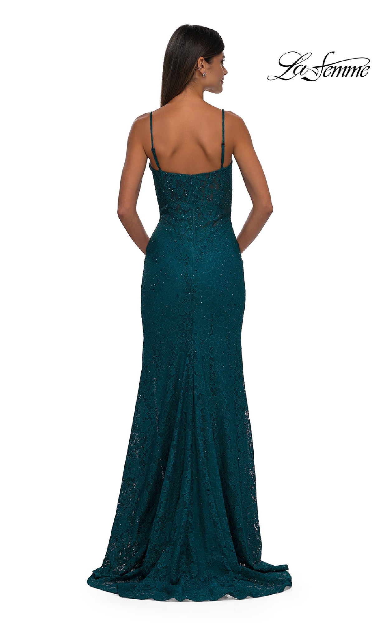 Long Beaded-Lace Prom Dress; La Femme 32933