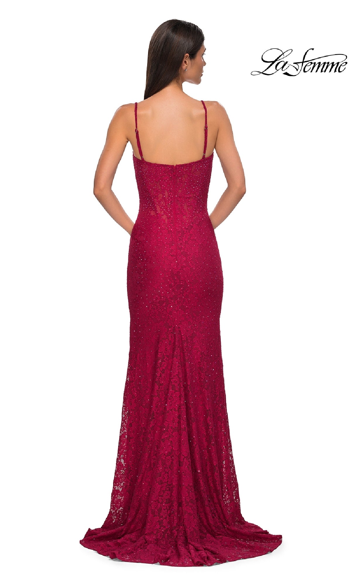 Long Beaded-Lace Prom Dress; La Femme 32933