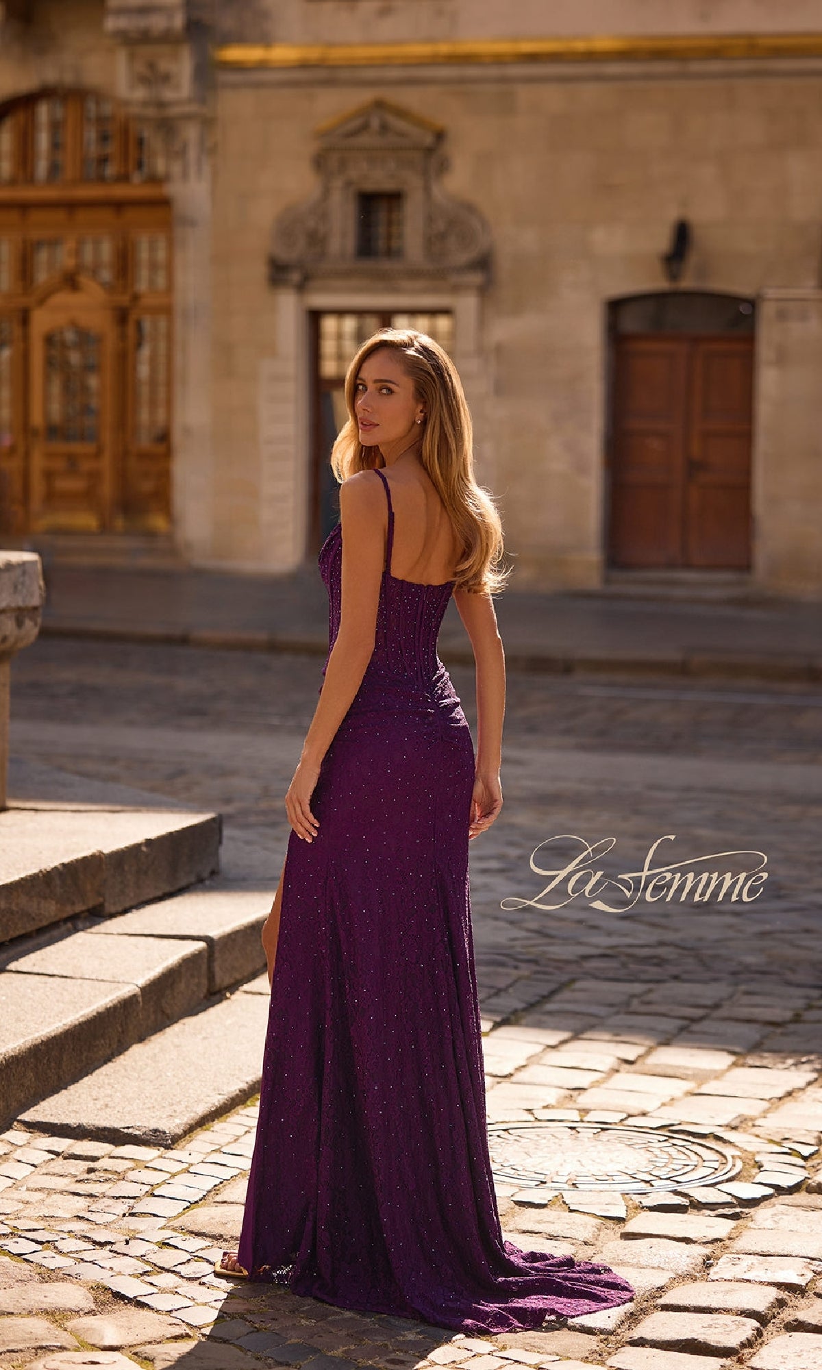 Sheer-Waist Long Beaded Prom Dress: La Femme 32947