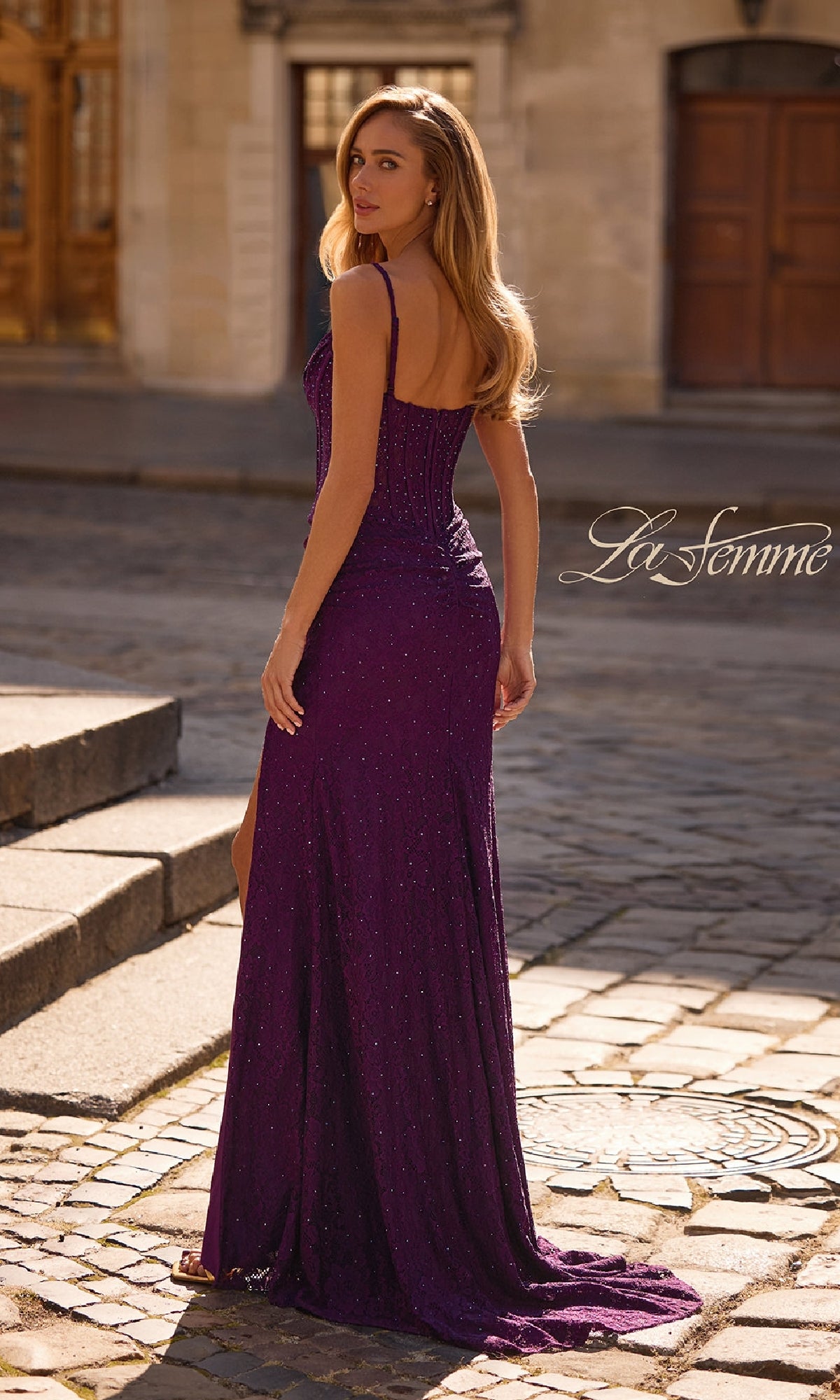 Sheer-Waist Long Beaded Prom Dress: La Femme 32947