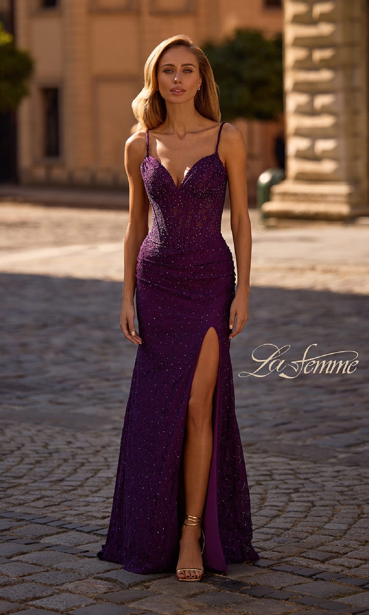 Sheer-Waist Long Beaded Prom Dress: La Femme 32947