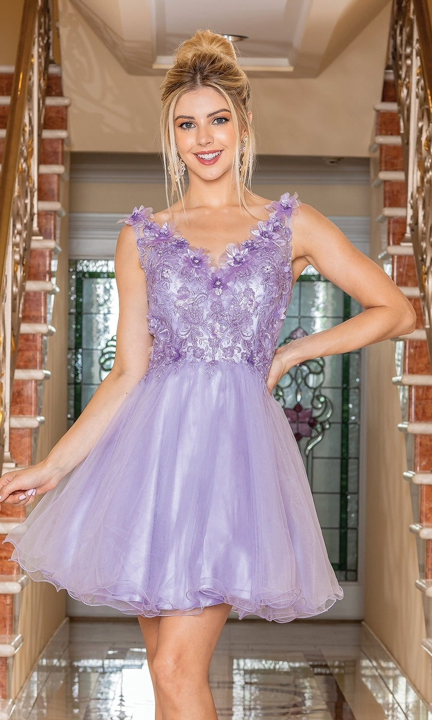 Flower-Bodice Sleeveless Short Hoco Dress 3297