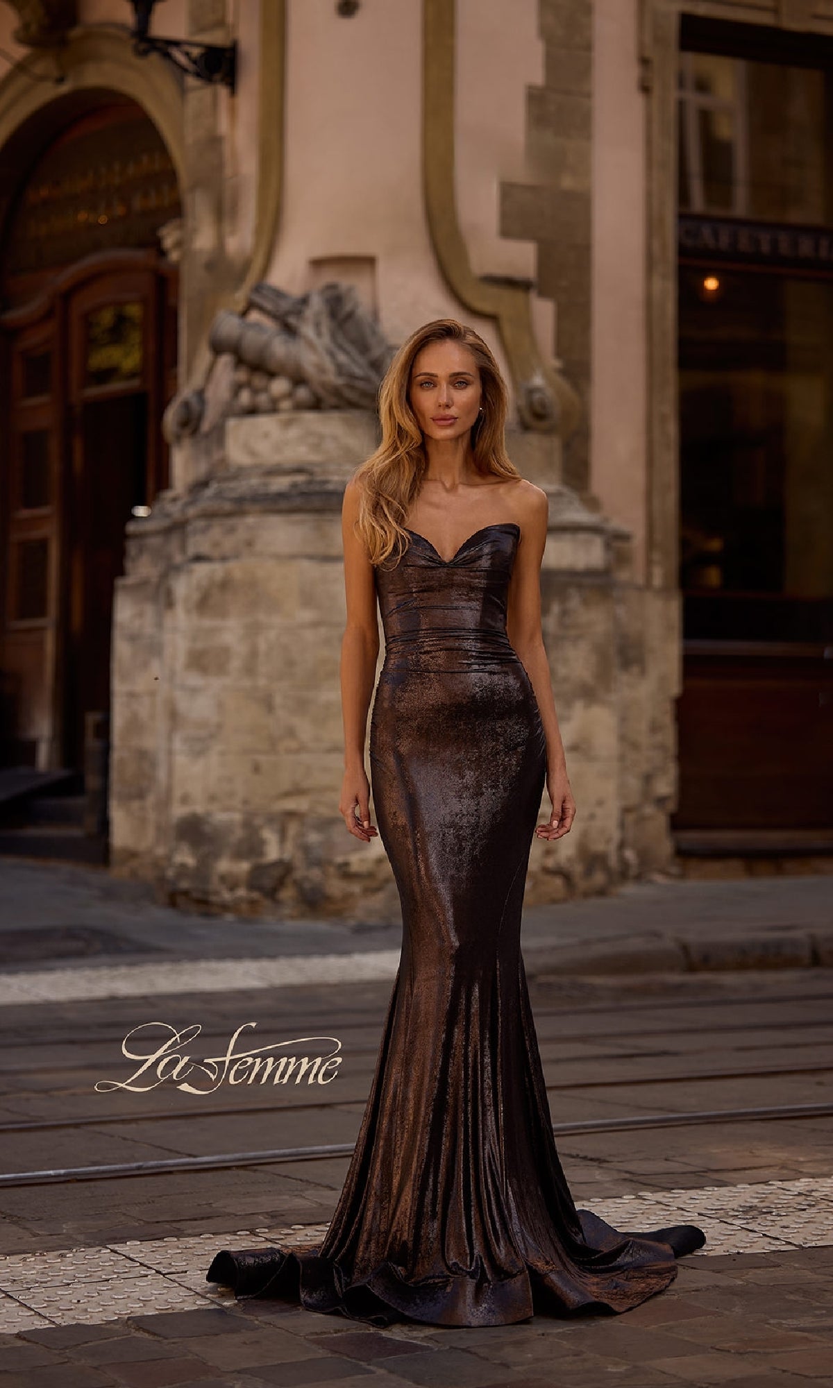 Strapless Long Metallic Prom Dress: La Femme 32995