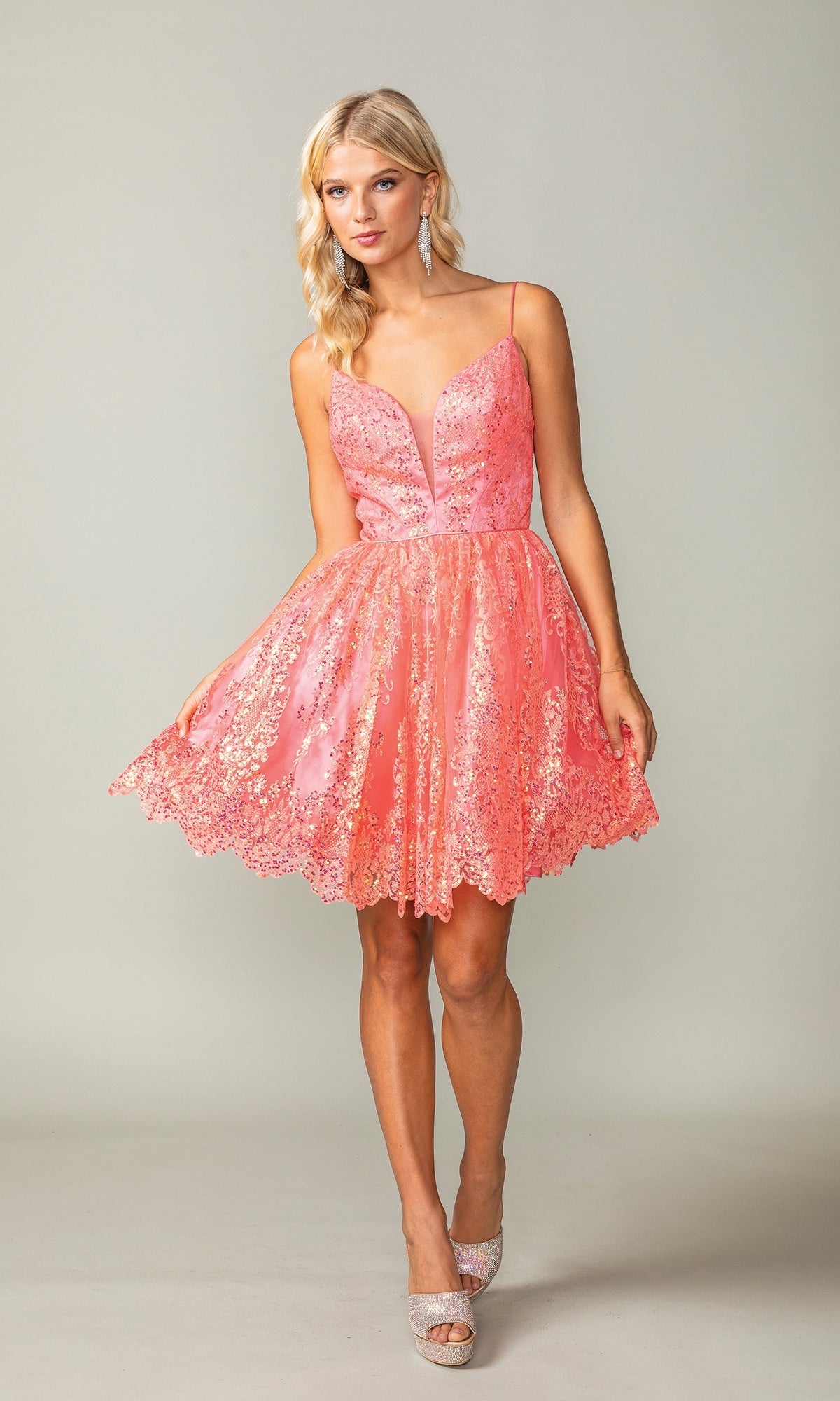 Scallop Hem Short Glitter Homecoming Dress 3358