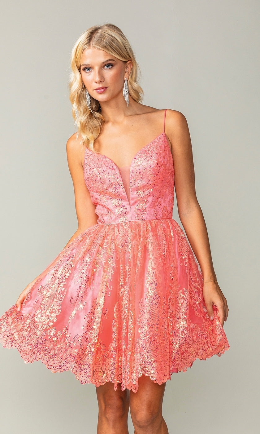 Scallop Hem Short Glitter Homecoming Dress 3358