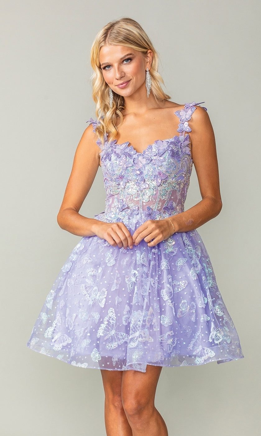 Queendancer Women Purple Corset Short Prom Dress with 3D