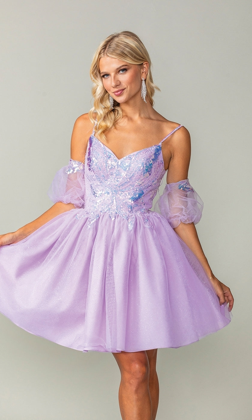 Puff-Sleeve Short Purple Homecoming Dress 3362