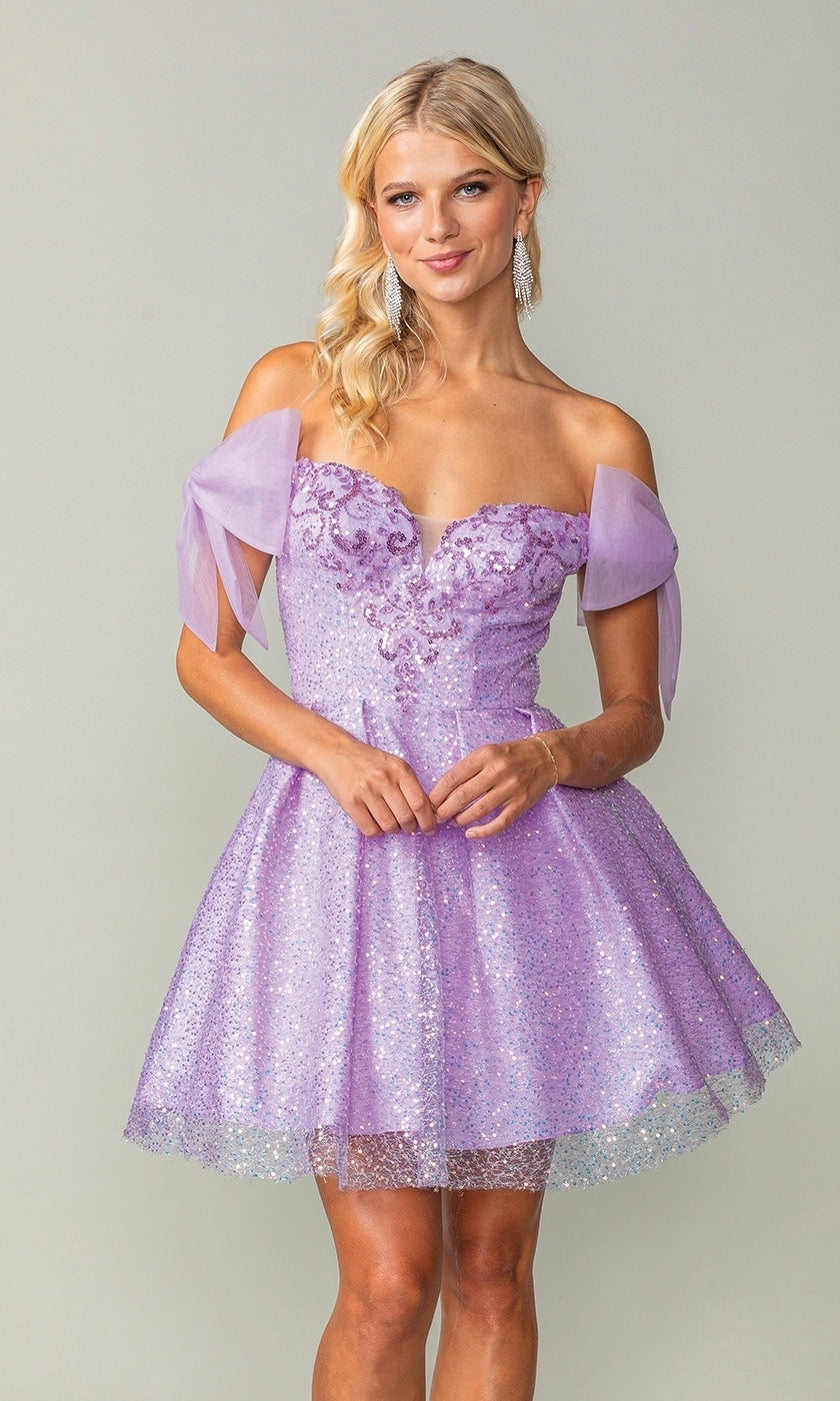 Short Glitter Homecoming Dress with Shoulder Bows