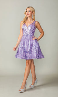 Sheer-Back Short Glitter-Print Hoco Dress 3364