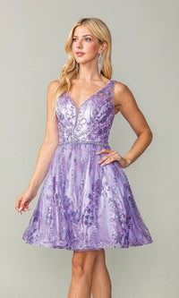 Sheer-Back Short Glitter-Print Hoco Dress 3364