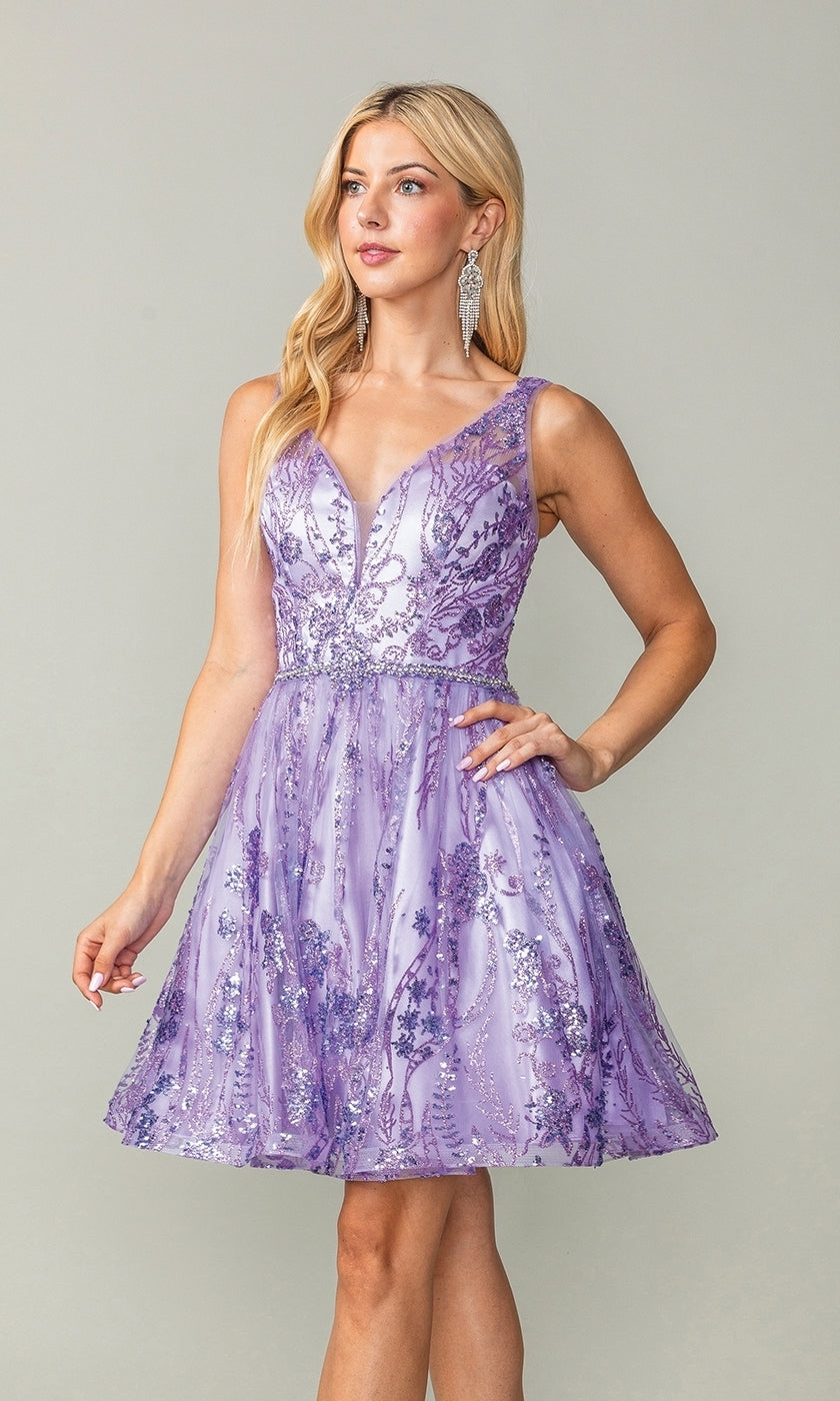 Sheer-Back Short Glitter-Print Hoco Dress 3364