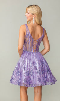 Sheer-Back Short Glitter-Print Hoco Dress 3364