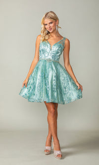 Sheer-Back Short Glitter-Print Hoco Dress 3364