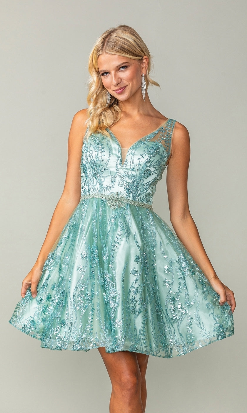 Sheer-Back Short Glitter-Print Hoco Dress 3364