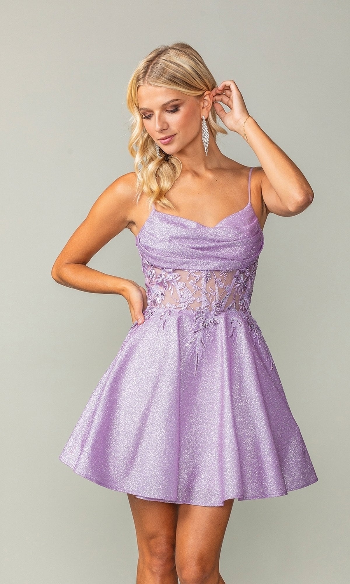 Cowl-Neck Short Glitter Homecoming Dress 3386