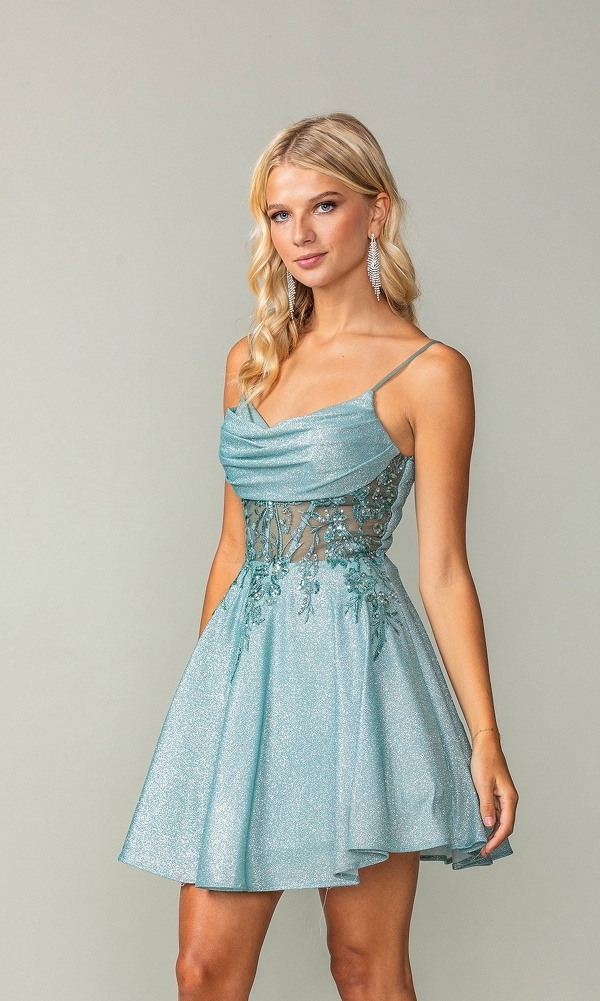 Cowl-Neck Short Glitter Homecoming Dress 3386