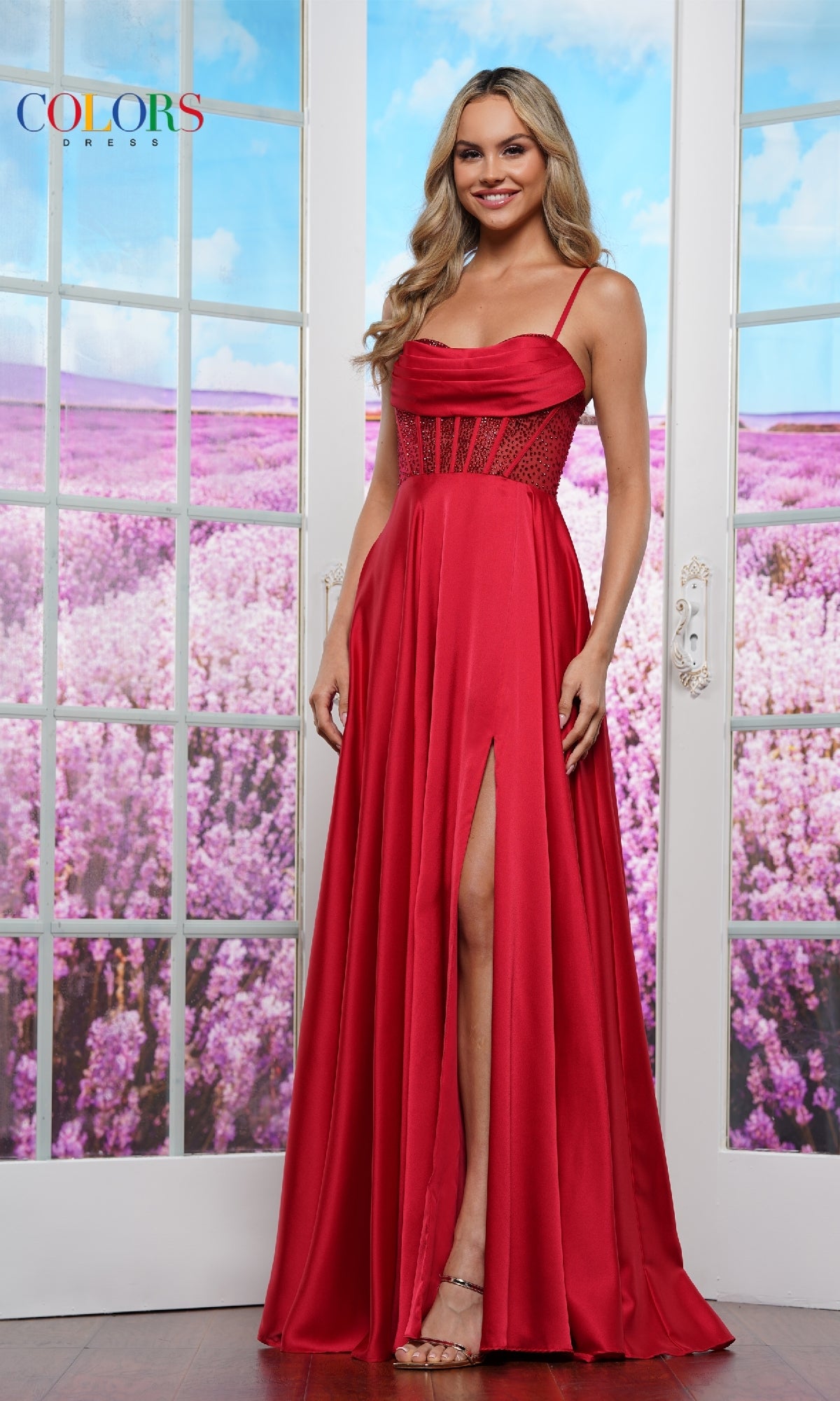 Sheer-Bodice Flowy Prom Dress: Colors Dress 3431