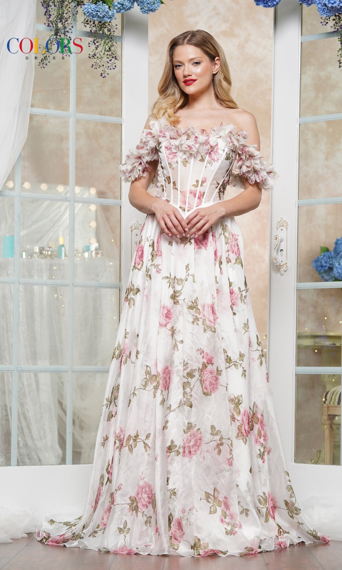 Long Floral-Print Prom Dress: Colors Dress 3615