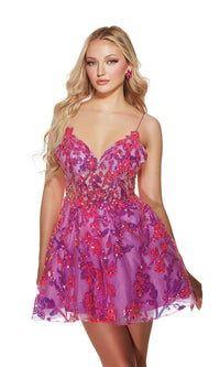 Alyce Short Neon Pink and Purple Hoco Dress 3769