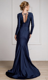 Long-Sleeve Plunging V-Neck Long Formal Dress 382