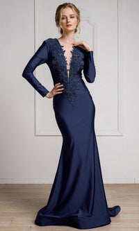 Long-Sleeve Plunging V-Neck Long Formal Dress 382