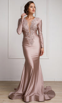 Long-Sleeve Plunging V-Neck Long Formal Dress 382