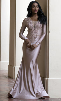 Long-Sleeve Plunging V-Neck Long Formal Dress 382